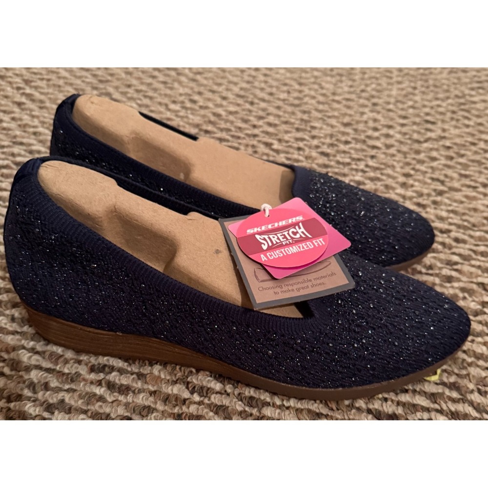 Skechers Women's Size 9 Cleo Sawdust Sparkle Knit Skimmers Navy Blue NWT